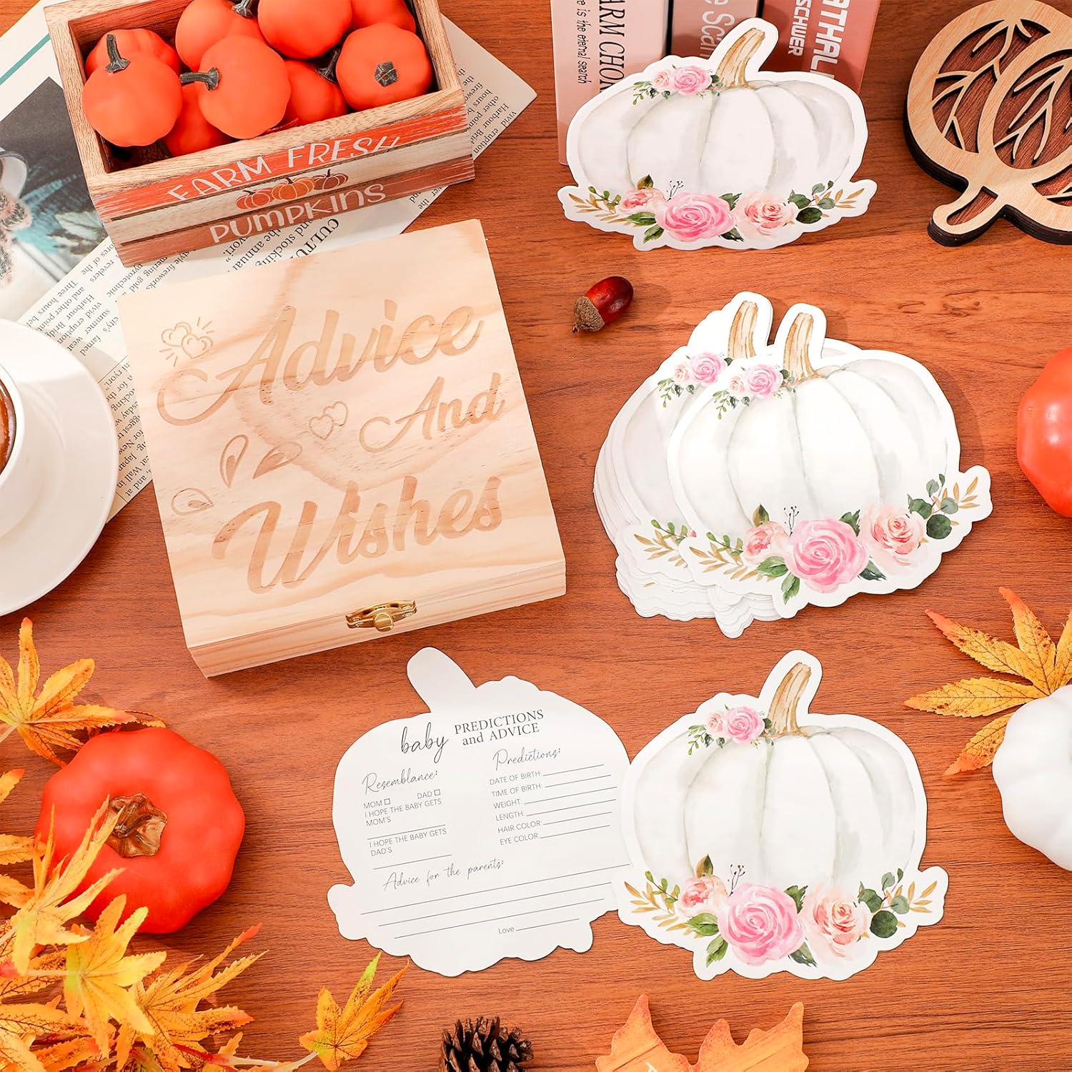 50Pcs Fall Baby Shower Advice & Wishes Double-Sided Floral Pumpkin Baby Predictions And Advice Cards With Wooden Keepsake Box For Autumn Thanksgiving Gender Reveal Party Games