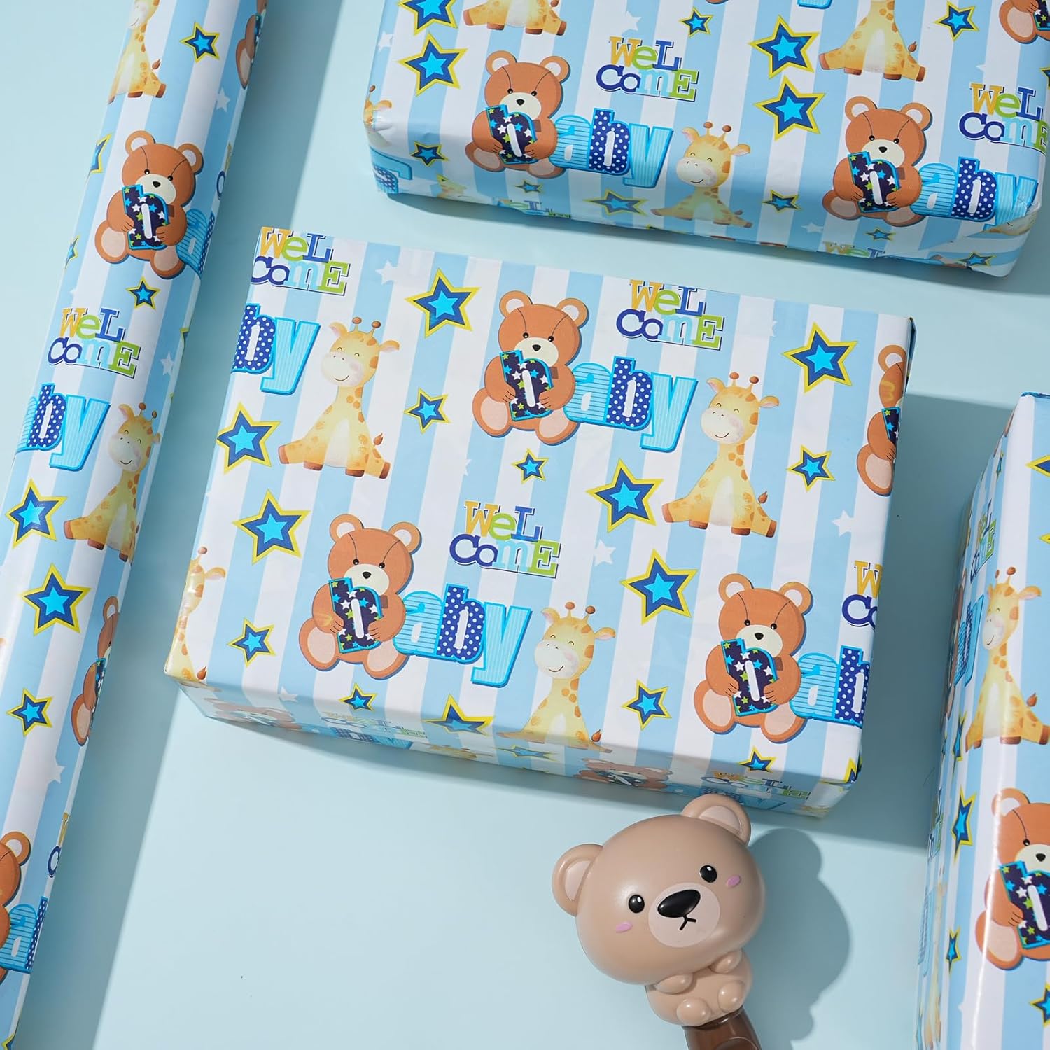 Baby Shower Wrapping Paper Roll - Blue Animal Heart Theme Newborn Gift Wrap Paper For Boy Baby Shower, Children'S Christening, Birthday, New Mommy - 17.5 In X 16.5 Ft?Cut Lines On Back