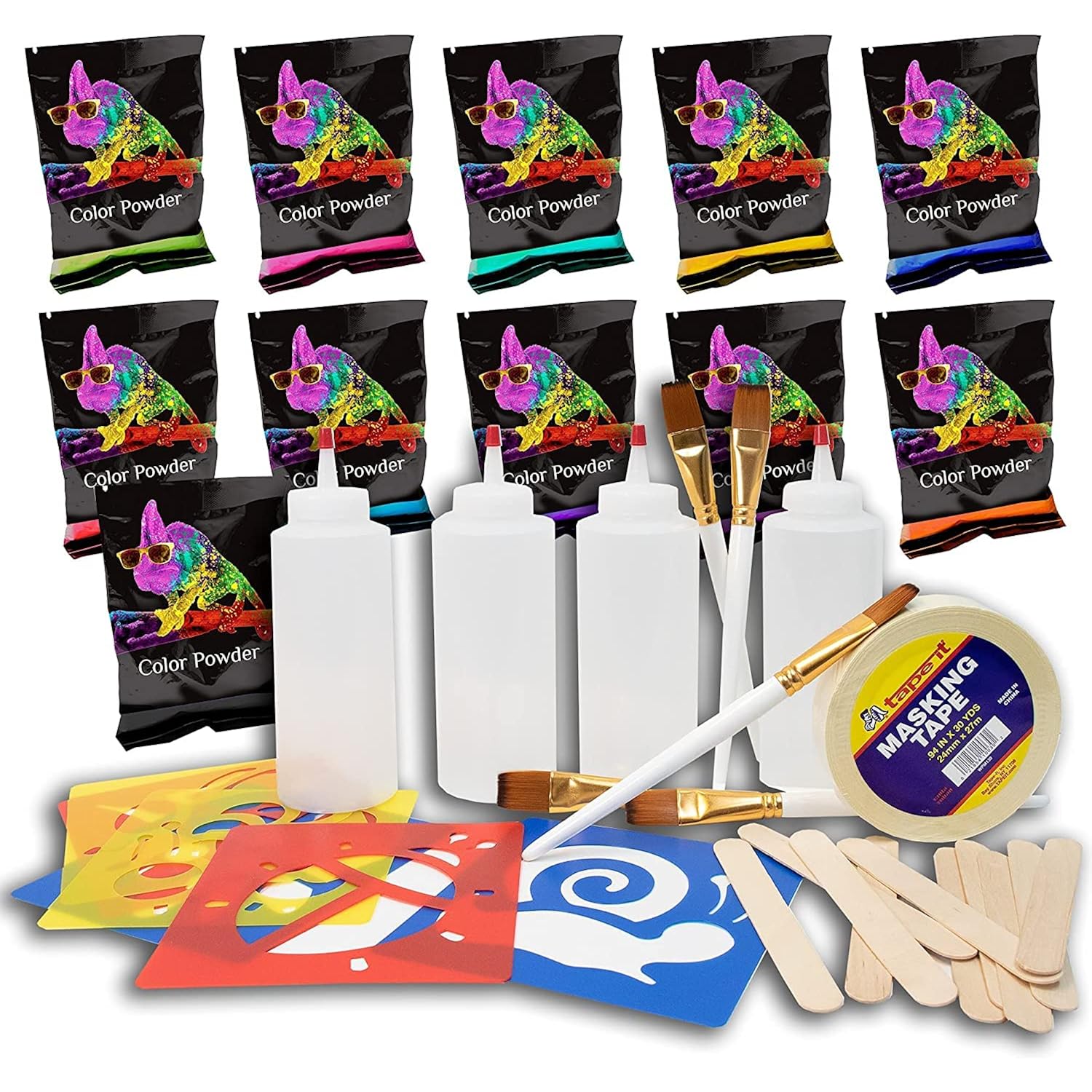 Ultimate Sidewalk Chalk Paint Kit - Fun, Washable Art Supplies - 11 Colorful Chalk Powders, 4 Squeeze Bottles, 5 Brushes, 10 Stir Sticks, 6 Stencils & 1 Roll Of Masking Tape