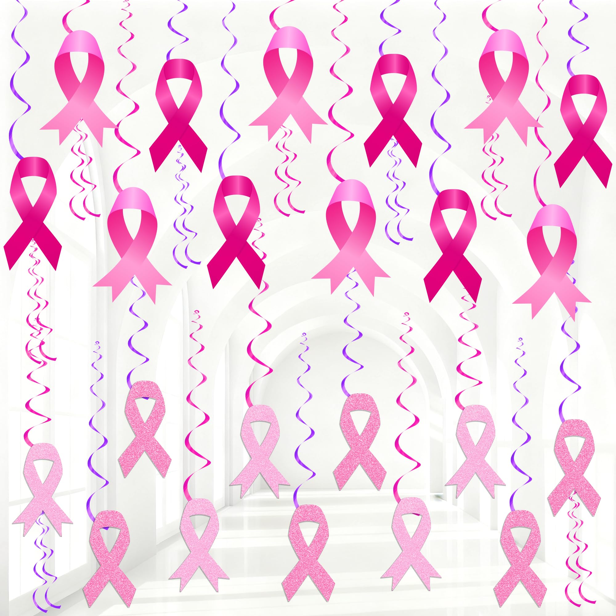 56Pcs Breast Cancer Awareness Decorations Glitter Pink Ribbon Hanging Swirl