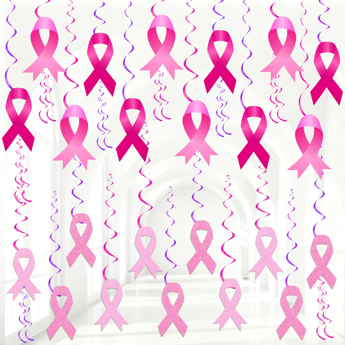 56Pcs Breast Cancer Awareness Decorations Glitter Pink Ribbon Hanging Swirl