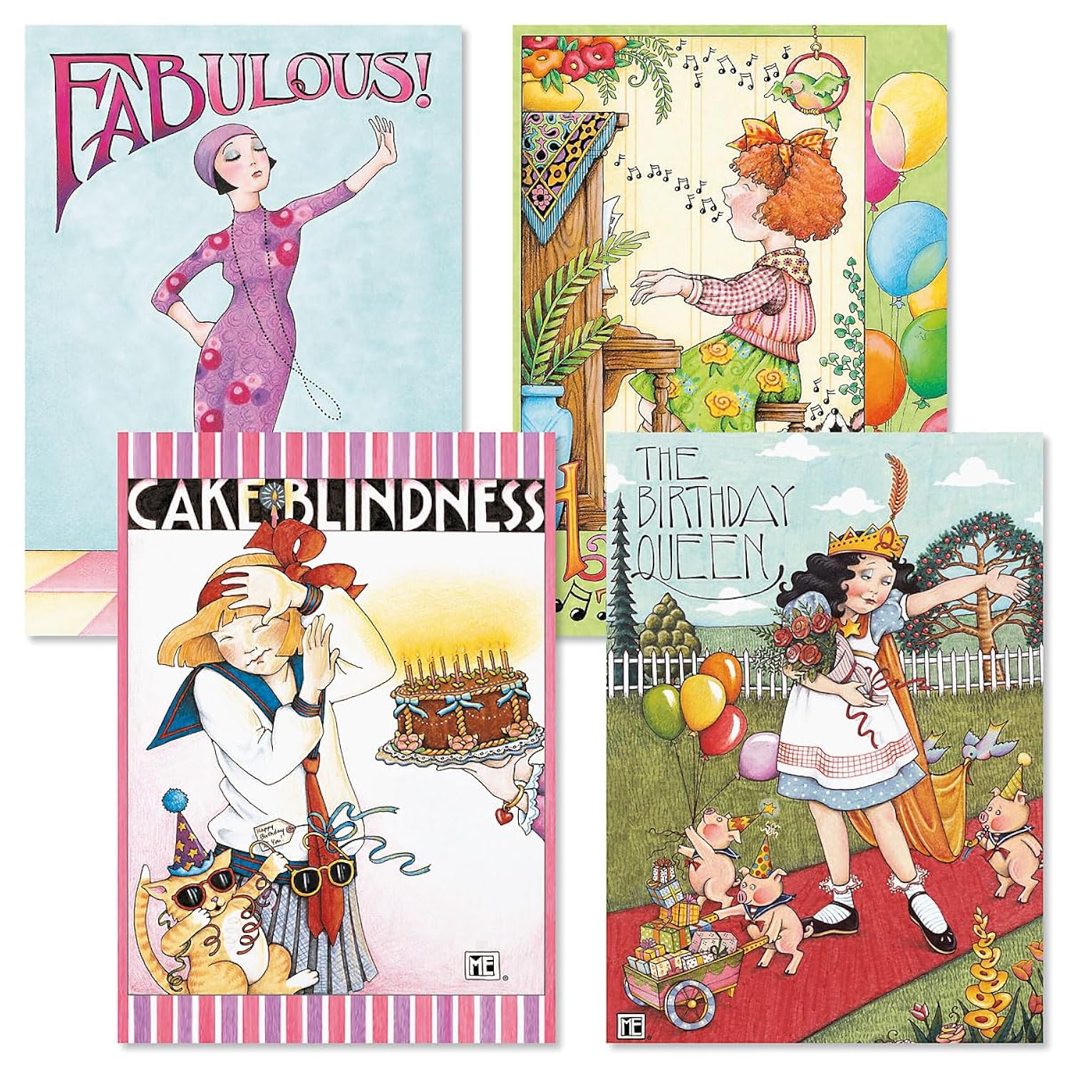 Current Birthday Cards by Mary Engelbreit - Sets of 8 (2 designs), 5" x 7" cards, and come with white envelopes.