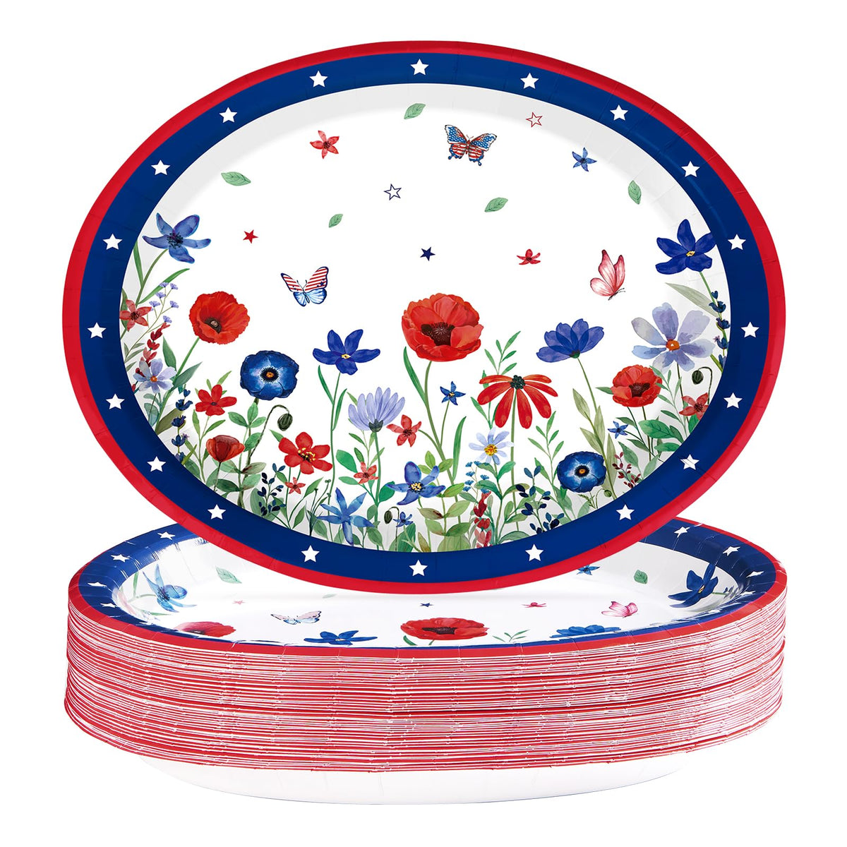 50 Pcs Large Patriotic Flower Oval Paper Plates 12 x 10 Inch Heavy Duty