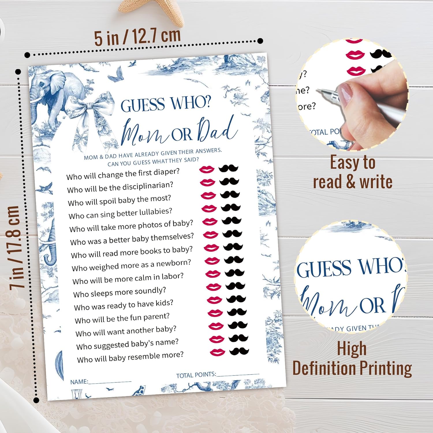 Toile Baby Shower Games, Mommy Or Daddy Game, Fun Baby Shower Party Supplies Decorations, Baby'S Announcement, Gender Neutral, 25 Blue Elephant And Bow Theme Games Cards-C05