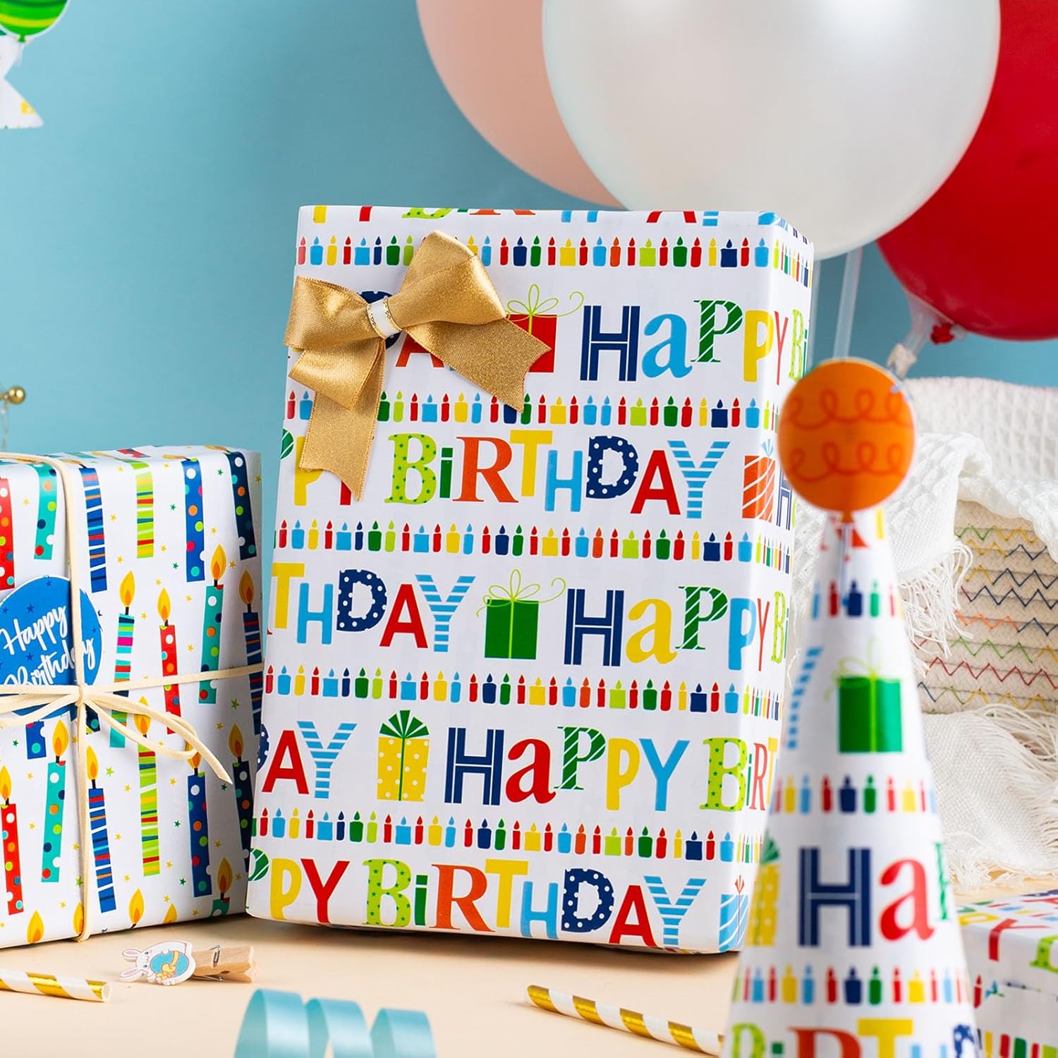 Birthday Wrapping Paper Roll - Colorful Happy Birthday Lettering & Candles, Reversible Design For Baby Shower, Party - Mini Roll - 17 Inch X 33 Feet
