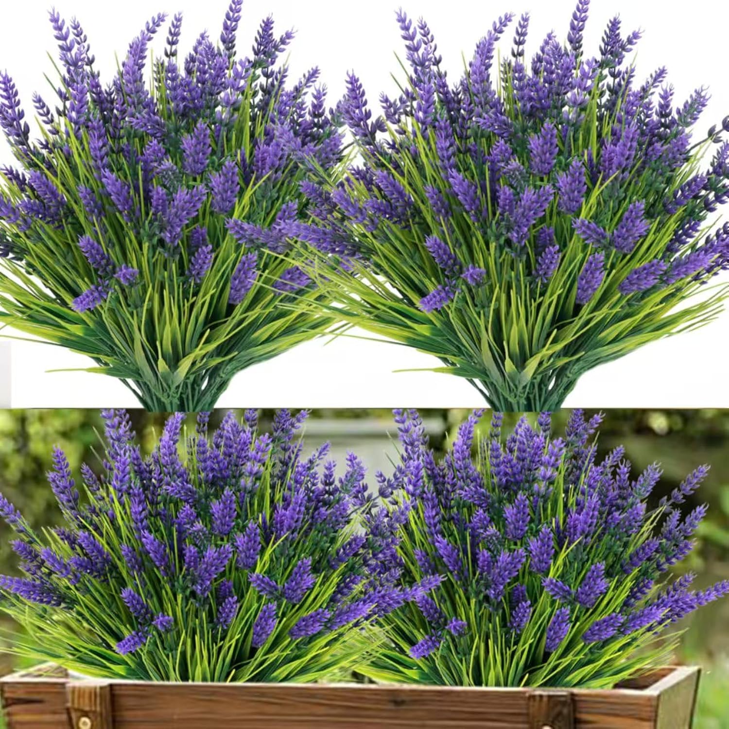 24 Bundles Artificial Plants Outdoor, Uv Resistant Lavender Flowers Artificial Plastic Fake Lavender With Monkey Grass For Garden Porch Patio Yard Window Box Planter Decor(Grass With Purple Flowers)