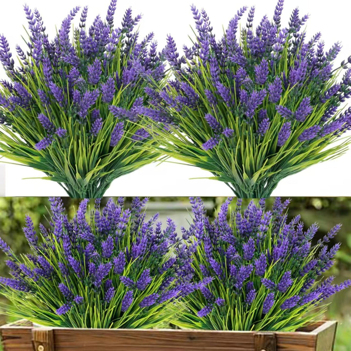 24 Bundles Artificial Plants Outdoor, Uv Resistant Lavender Flowers Artificial Plastic Fake Lavender With Monkey Grass For Garden Porch Patio Yard Window Box Planter Decor(Grass With Purple Flowers)