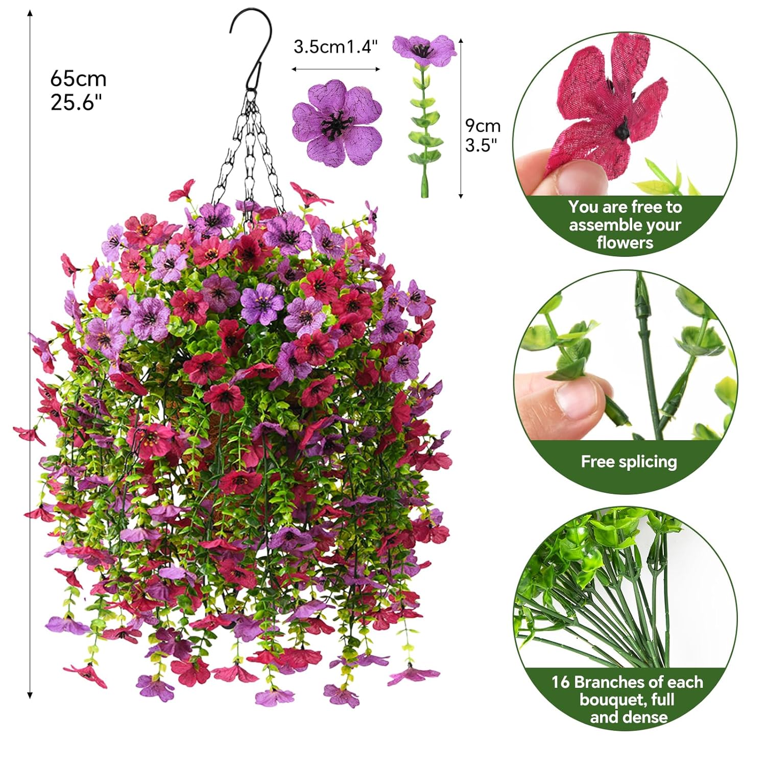 Artificial Hanging Flowers With Basket For Spring Outdoor Decoration 3 Bunches Of Silk Daisy Flower Uv Resistant For Garden Porch Patio Balcony Yard Decor (Purple Red)