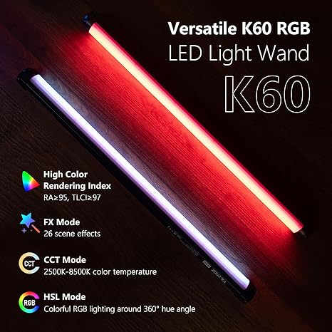 2 Pack K60 RGB LED Video Light Sticks Handheld 360 RGB Tube Light Wand with App Control