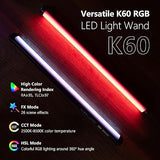 2 Pack K60 RGB LED Video Light Sticks Handheld 360 RGB Tube Light Wand with App Control