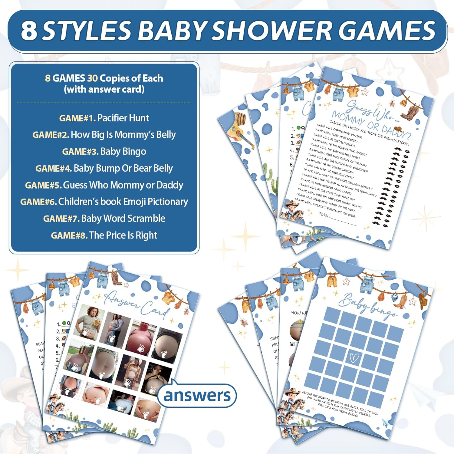 Cowboy Baby Shower Games, Pacifier Hunt, How Big Is Mommy'S Belly, Baby Bingo, Baby Bump Or Beer Belly, Guess Who Mommy Or Daddy Children'S Book Emoji Pictionary, Word Scramble, Price Is Right