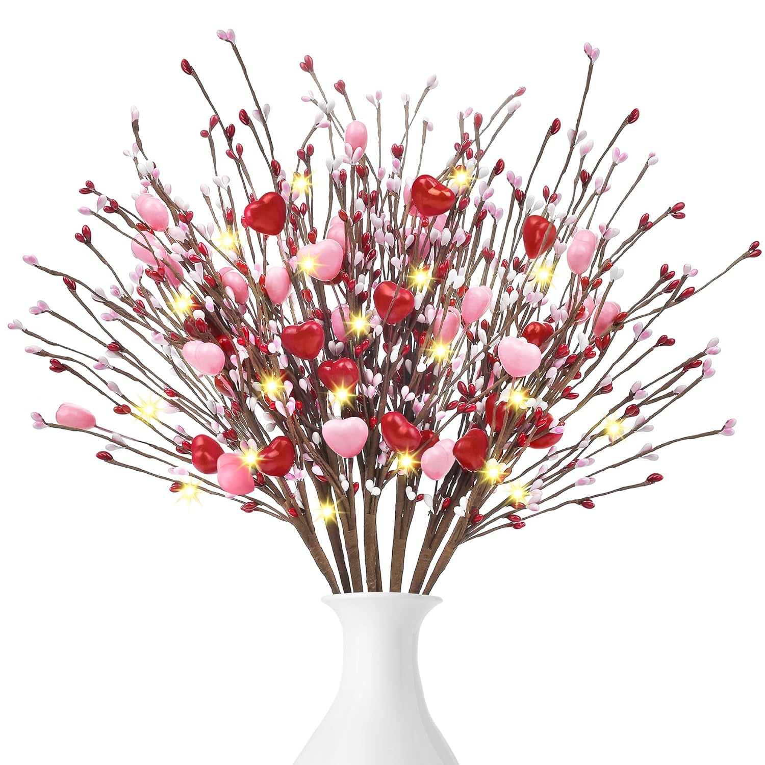 8 Pieces Artificial Hearts Berry Picks With Led Lights Gifts Red Pink Heart Berry Stem Branches For Decorations Bouquets Wedding Home Decor
