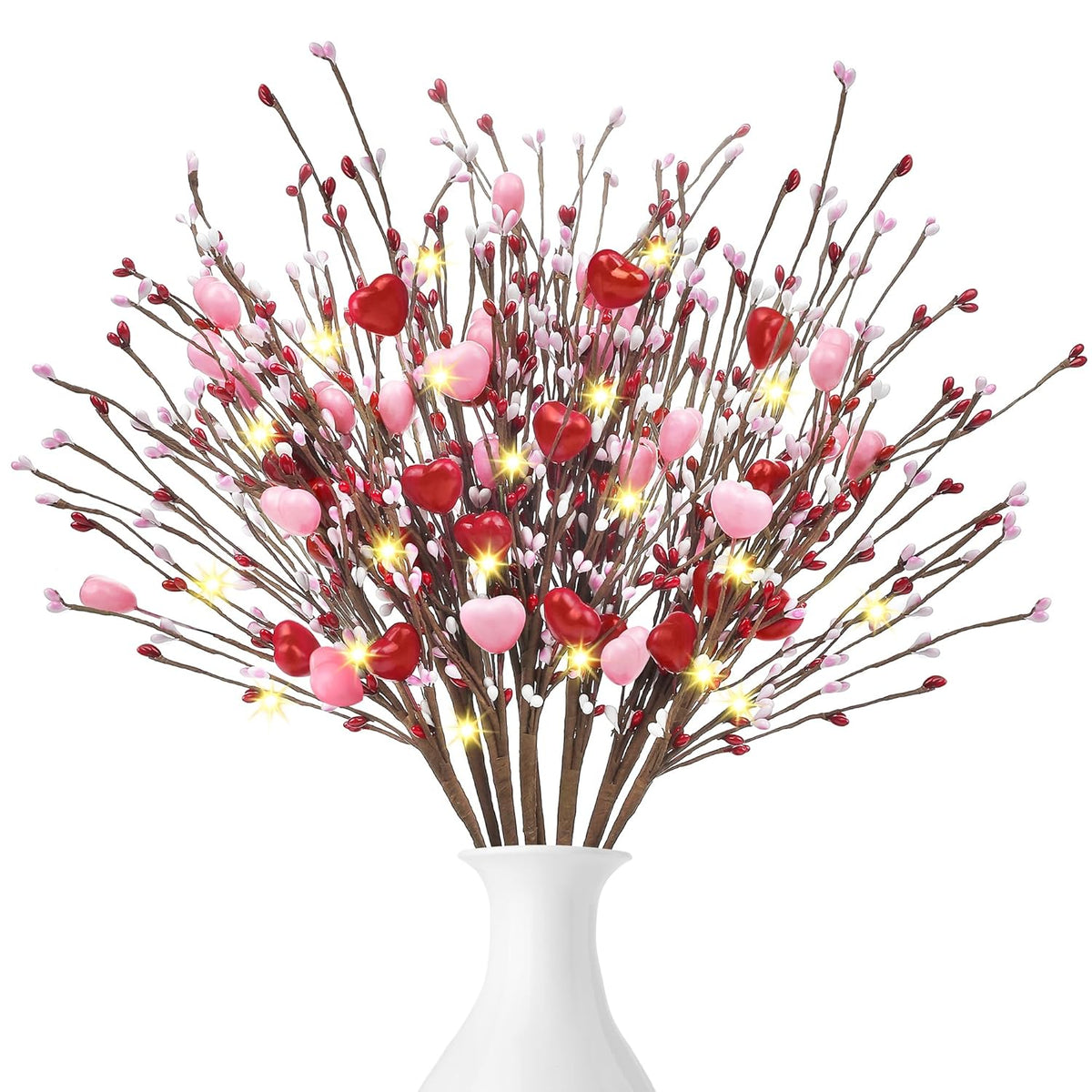 8 Pieces Artificial Hearts Berry Picks With Led Lights Gifts Red Pink Heart Berry Stem Branches For Decorations Bouquets Wedding Home Decor