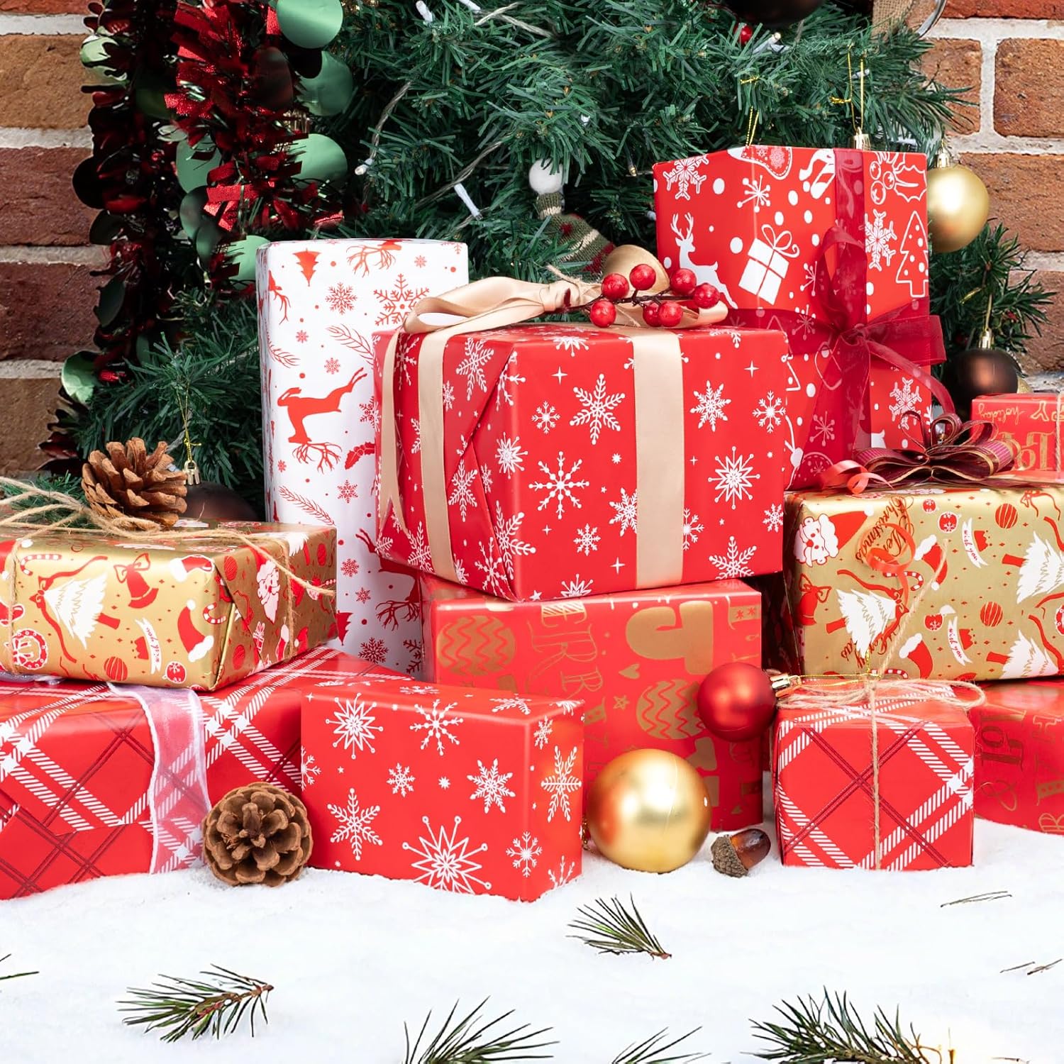 Small Christmas Gift Wrapping Paper Rolls,3 Rolls 17Inches X 198Inches Reversible Gift Wrapping Paper, Red Gold White Wrapping Paper, Snowflakes, Stripes, Plaid, Santa Hat, Christmas Decorations