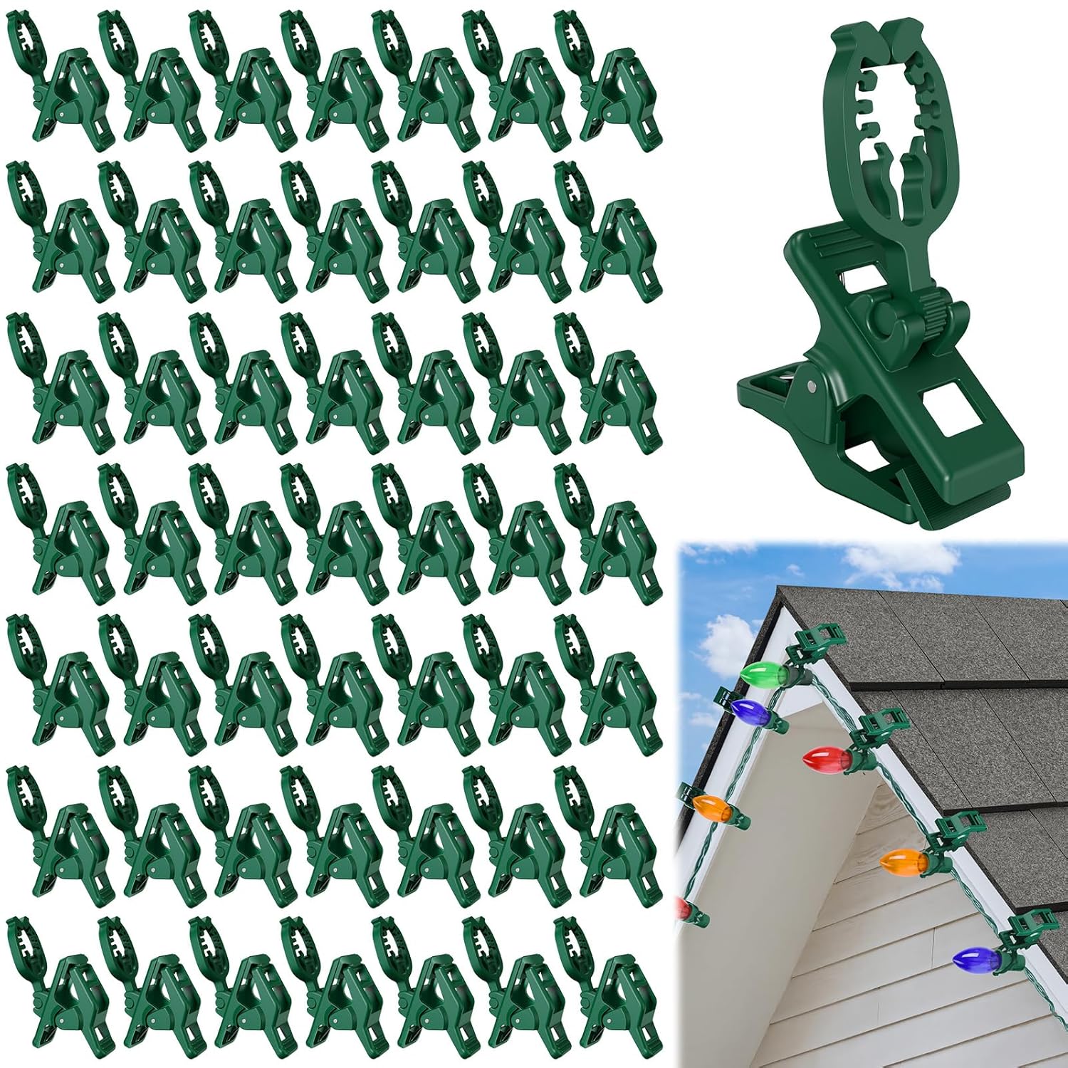 Large C7 C9 Christmas Lights Spring Clips, 100 Pack Universal Gutter Roof Clips 180° Adjustable For Christmas Lights Outdoor, Quick Light Hooks Hangers For Holiday Shingle Fence Gates