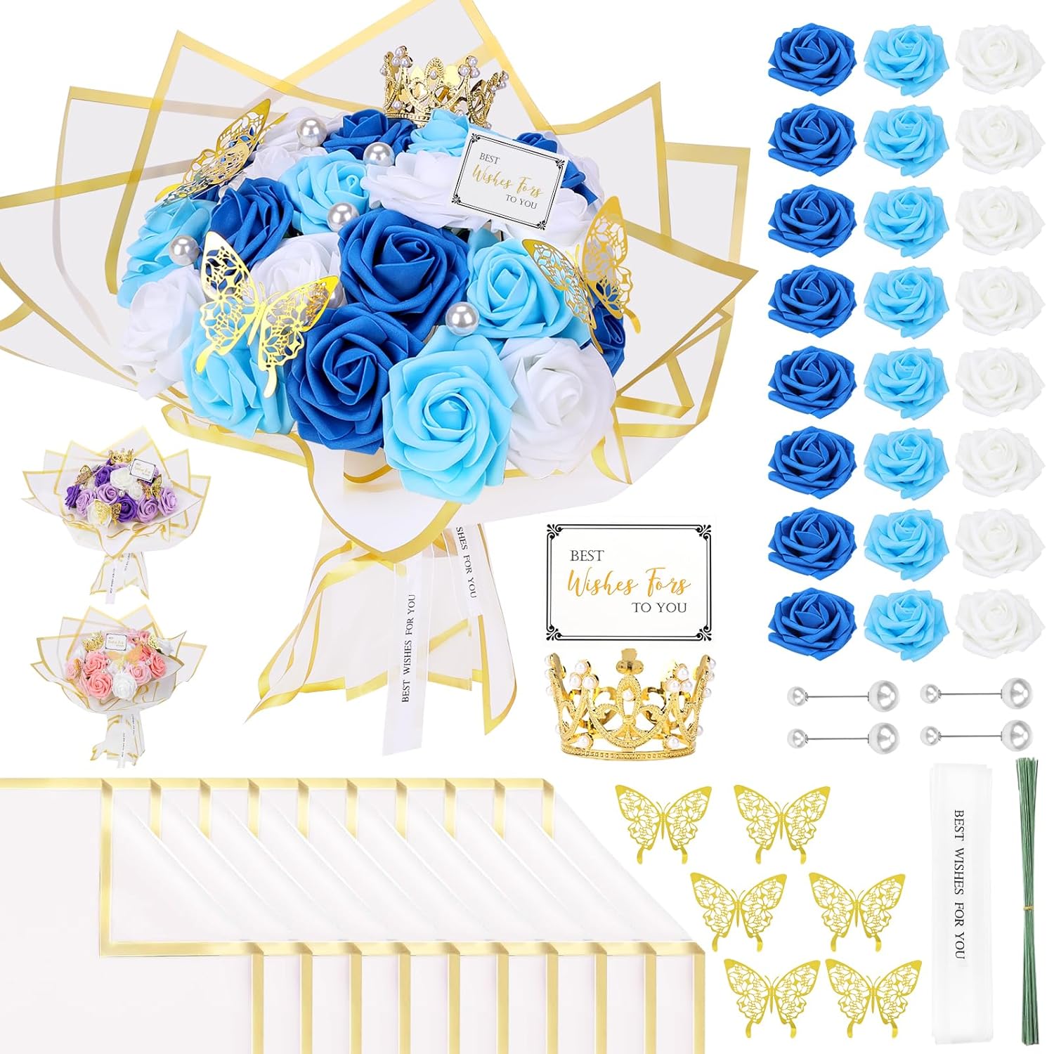Valentine'S Day Roses Bouquet Kit, Artificial Blue Rose Bouquet Everlasting Flowers Fake Bouquet For Valentines, Anniversary, Engagement, Wedding, Halloween, 24 Roses