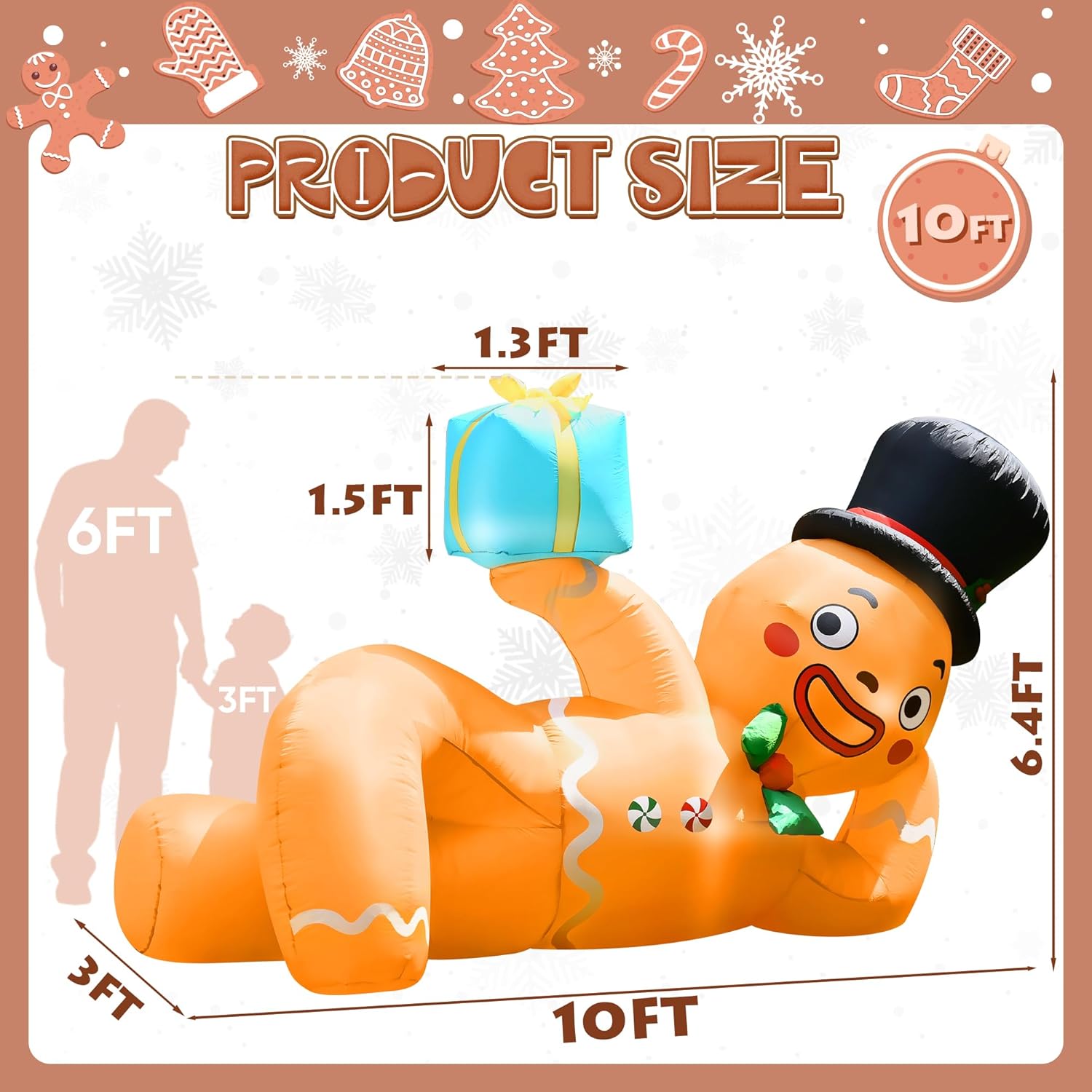 10 Ft Christmas Inflatables Gingerbread Man, Christmas Blow Up Yard Decorations With Built-In Leds, Lying Gingerbread In
