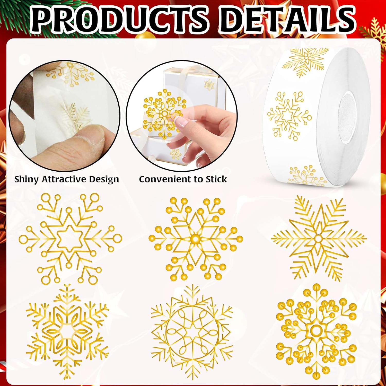 1000Pcs Gold Christmas Stickers Label Roll - Snowflake Holiday Labels 1.5In For Cards, Xmas Winter Merry Christmas Gifts Envelope Decors 6 Styles