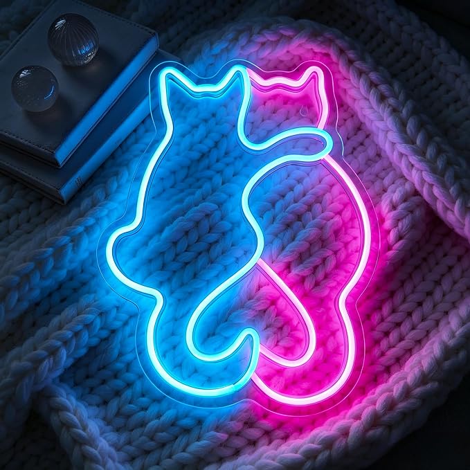 Pink Blue Double Cat Neon Sign USB Powered LED Wall Light for Bedroom Room Decor