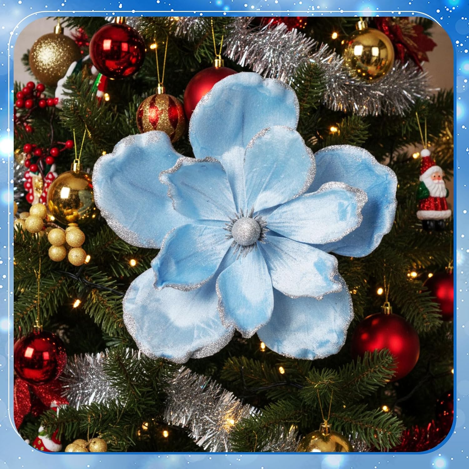 6 Pcs Large Christmas Glitter Flowers Velvet Christmas Magnolia Flowers 10 Inch Large Heads Artificial Poinsettia Picks Stems For Xmas Tree Ornaments Holiday Wedding Party Decor(Grayish Blue)