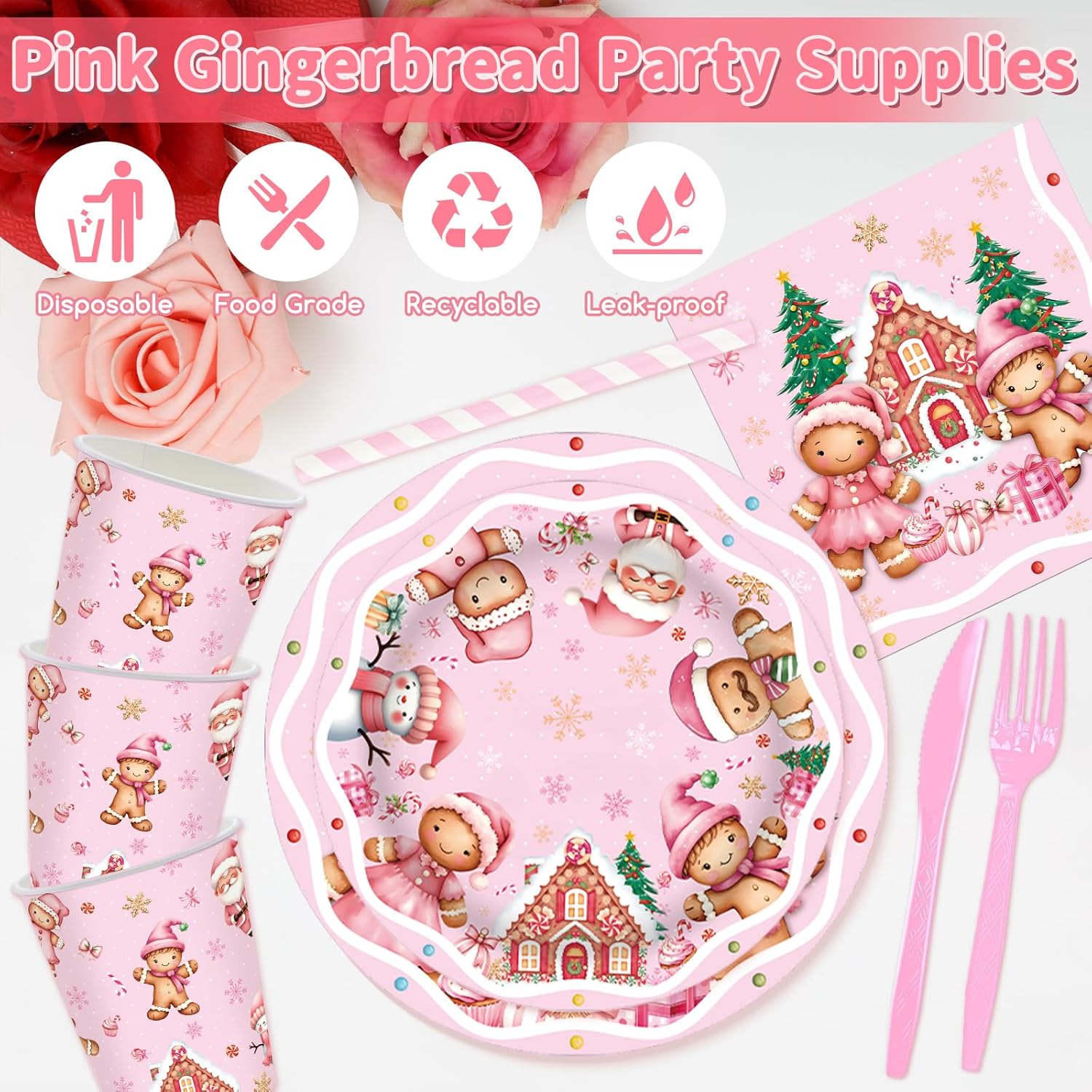 142 Pcs Pink Christmas Gingerbread Party Decorations Merry Christmas Cookie House Gingerbread Man Party Supplies Candy Tree Paper Plates And Napkins Banner Tablecloth For Xmas Birthday Gender Reveal