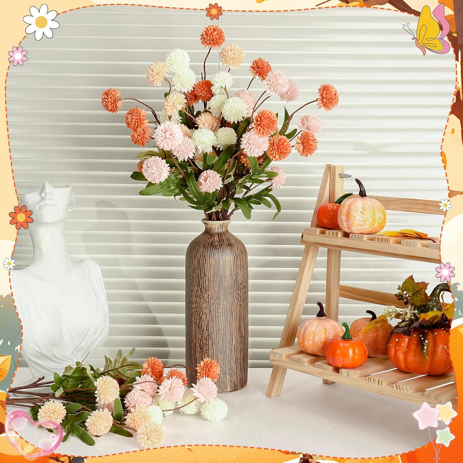 16 Bundles Faux Silk Mums Chrysanthemums Pom Pom Ball Bouquet Kiku Flowers With Stem For Wedding, Home, Outdoor Table Vase Arrangement