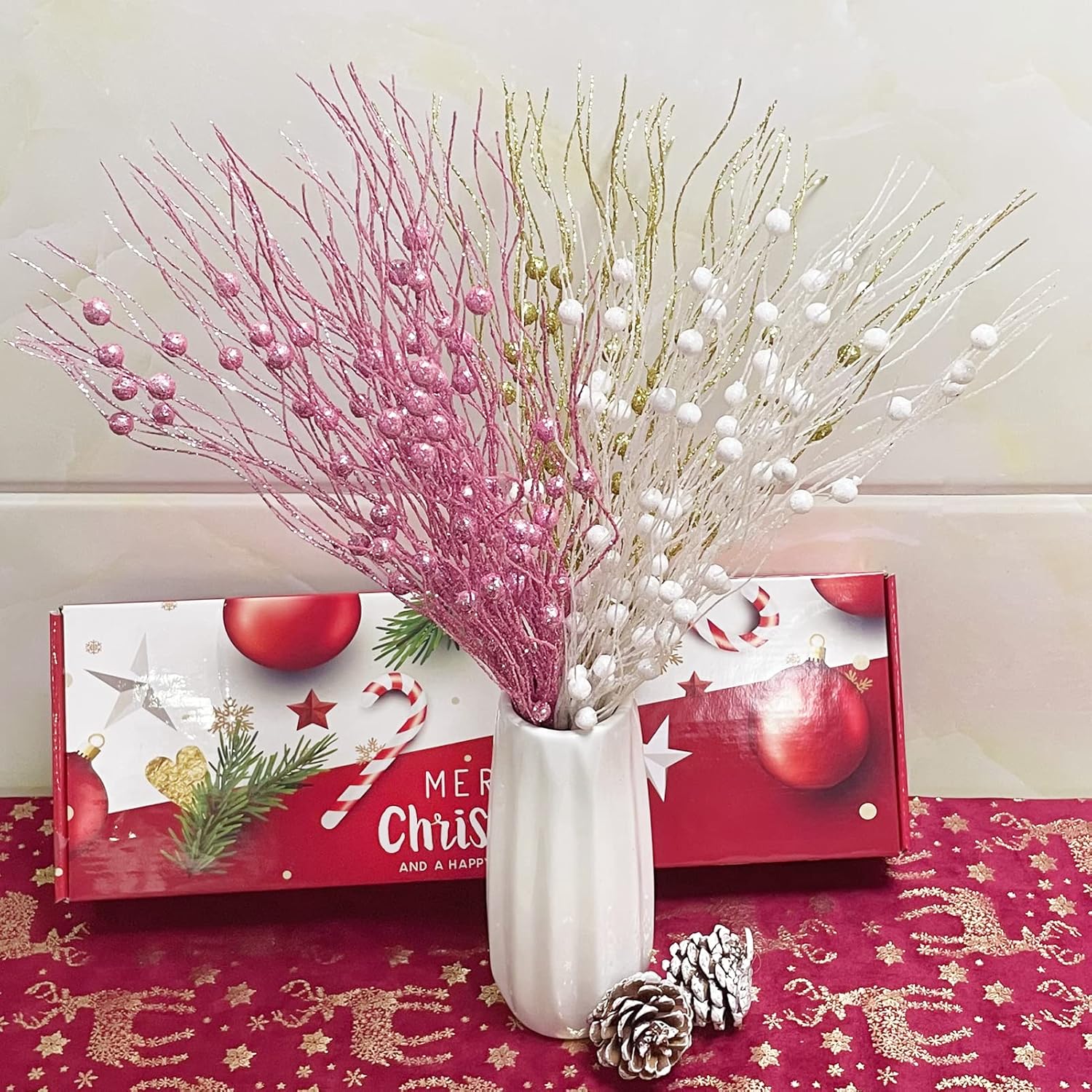 Christmas Artificial Glitter Berry Stem Decorations Decorative Bead Sticks Xmas Picks Glittery Twigs Branches For Christmas Tree Wreath Gift Vase Decor Party Ornaments Blue 24 Pcs