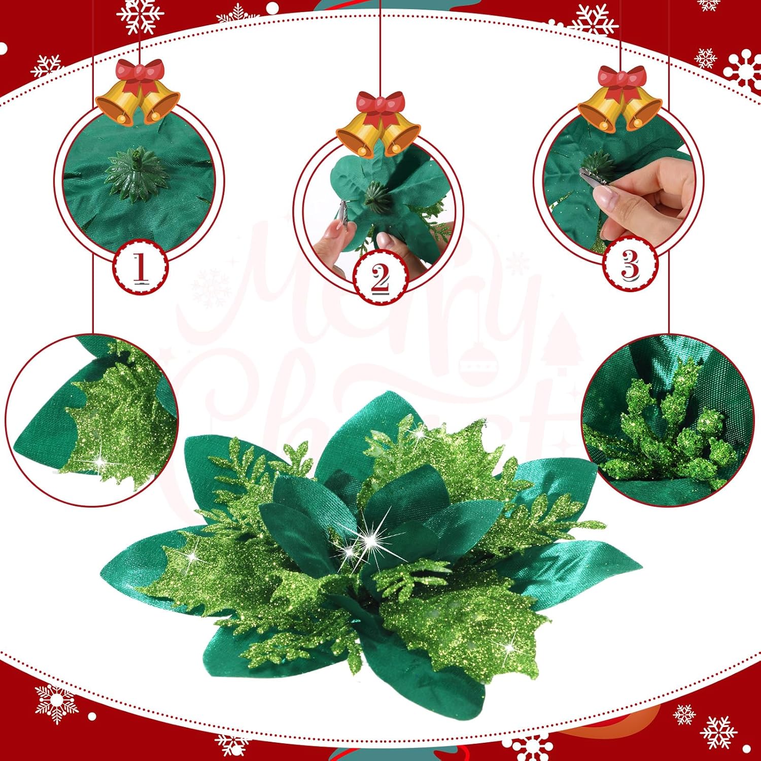 36 Pcs Christmas Glitter Artificial Poinsettia Flowers Xmas Poinsettia Artificial Wedding Flowers Decorations Xmas Tree Ornaments With Clips For Party, 6 Inch, 4 Inch, 3 Inch(Grass Green)