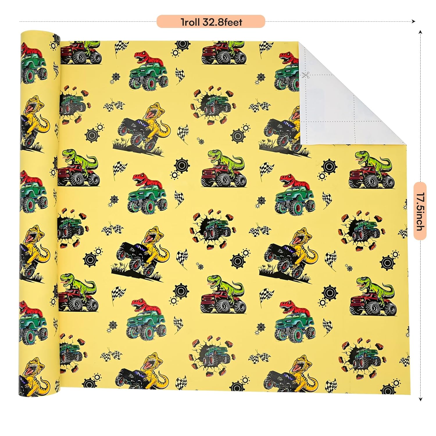 Boys Birthday Wrapping Paper Roll With Cutlines On Back - 17 Inches X 32.8 Feet - Dinosaur Monster Truck Design For Kids Birthday Baby Shower Holiday (1 Roll)