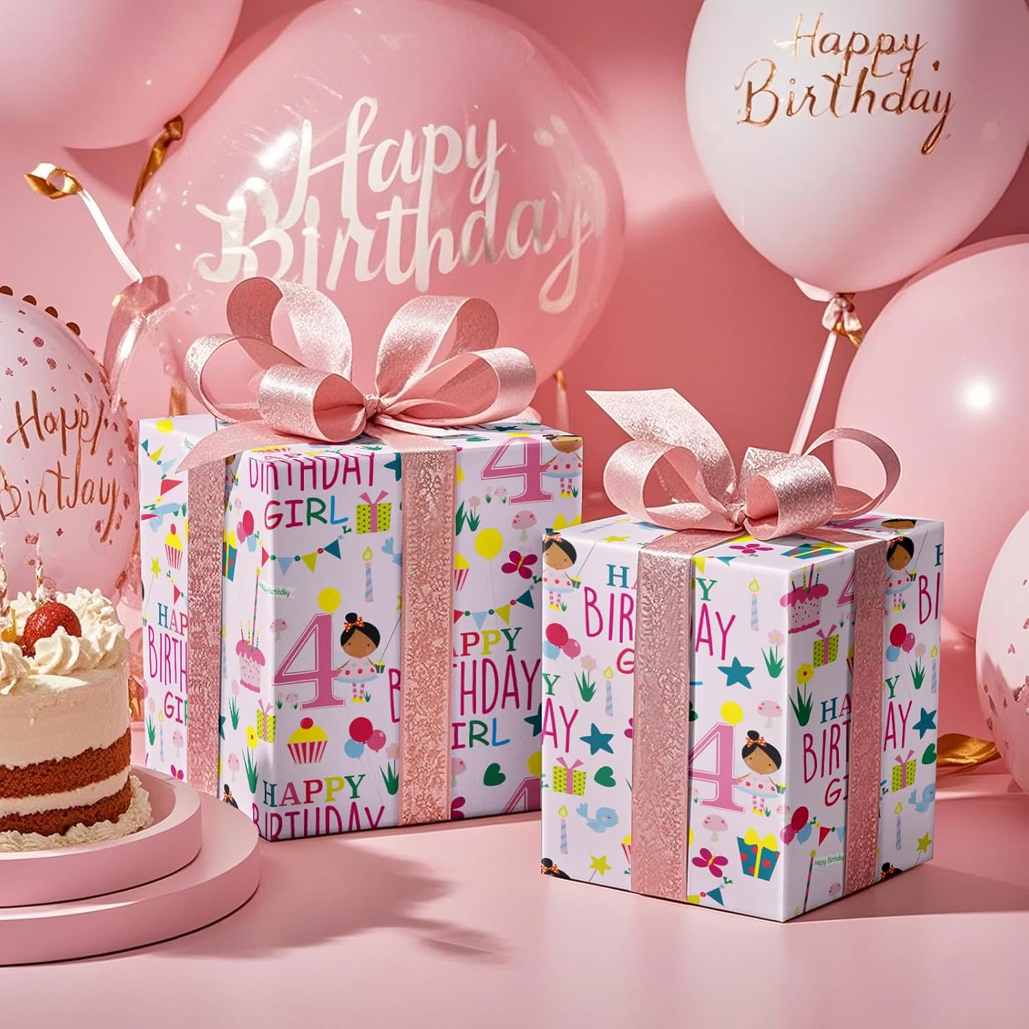 Happy 4Th Birthday Wrapping Paper Roll For Girls, Mini Roll, Pink Happy Birthday Girl Pattern Design For Party And More, 17 Inches X 16.4 Feet, 4 Years Old
