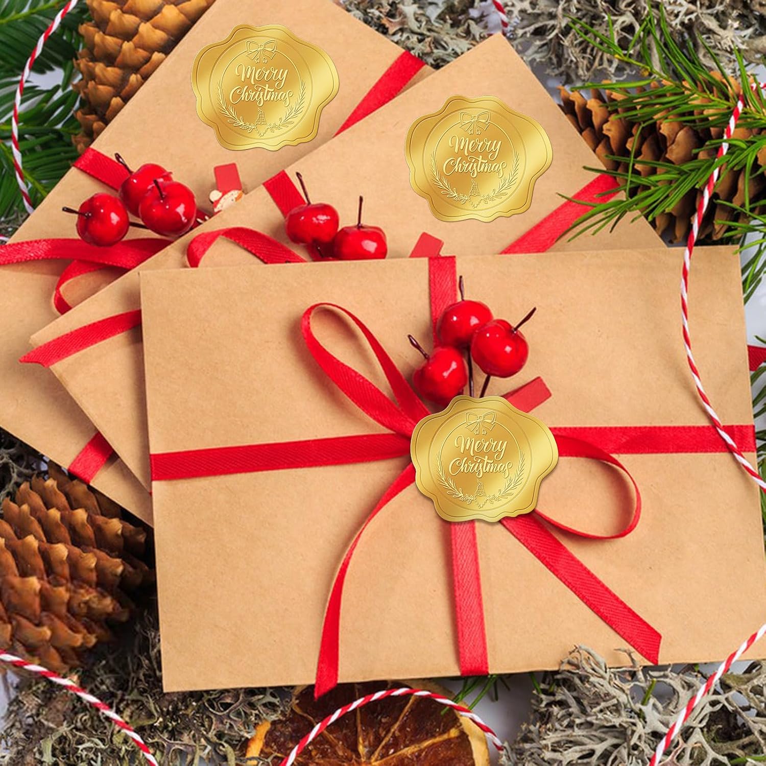 300 Pcs Gold Christmas Envelope Seal Stickers Embossed Foil, Merry Christmas Stickers For Envelope Sealing, Christmas Stickers For Cards Making Invitation Gift Packaging Crafts Xmas Party Favor Decor