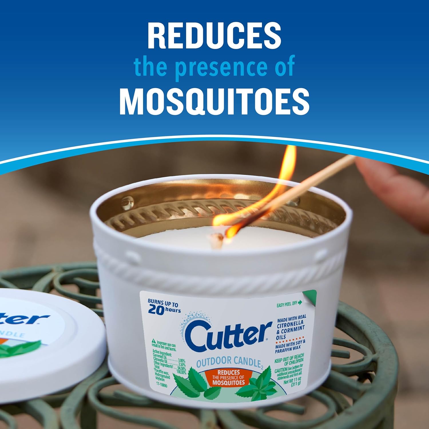Cutter Candle, Outdoor Soy Wax Candle Made with Real Citronella Oil and Cornmint Oil Reduces The Presence of Mosquitoes with A Light, Fragrant Citronella and Mint Scent, 11 Ounces