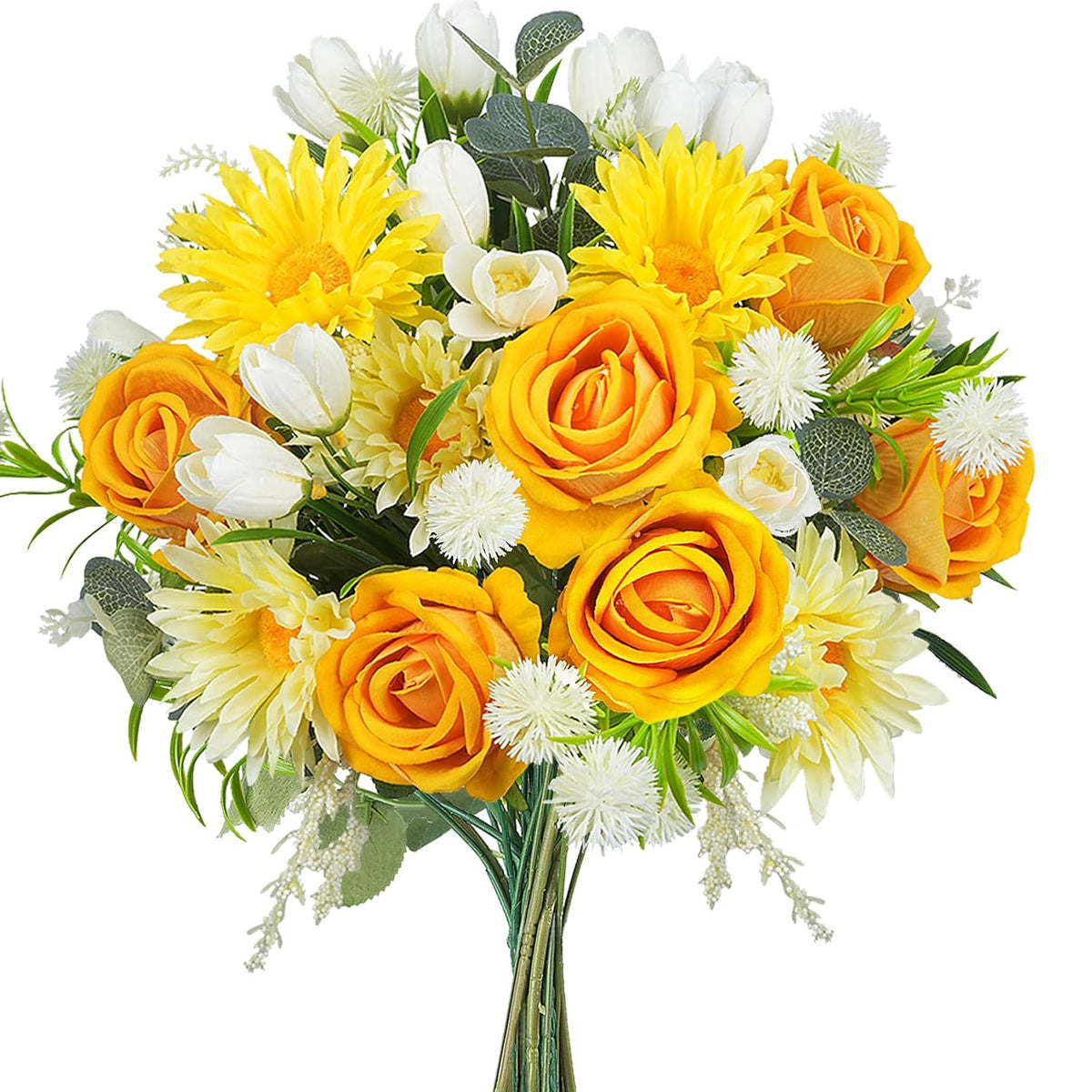 Artificial Flowers, Silk Faux Flowers Yellow Roses Tulips Daisy Chrysanthemums Bouquets, Faux Flowers Arrangement For Home Living Room Party Wedding Offices Bookshelf Decorations (Yellow)