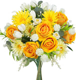 Artificial Flowers, Silk Faux Flowers Yellow Roses Tulips Daisy Chrysanthemums Bouquets, Faux Flowers Arrangement For Home Living Room Party Wedding Offices Bookshelf Decorations (Yellow)
