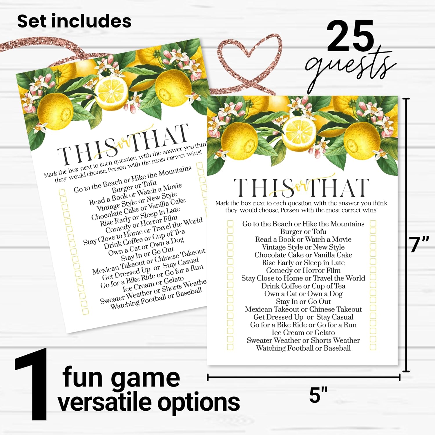 Lemon Bridal Shower Games Would She Rather - 25 Card Pack - This Or That Game Fun For Graduation Parties, Rehearsal Dinners & Birthdays - Main Squeeze Botanical Design