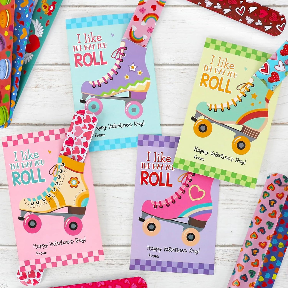 24 Packs Roller Skate Valentine'S Day Cards With Slap Bracelets, Fun Valentine’S Day Gifts For Kids Classroom Exchange & School Parties