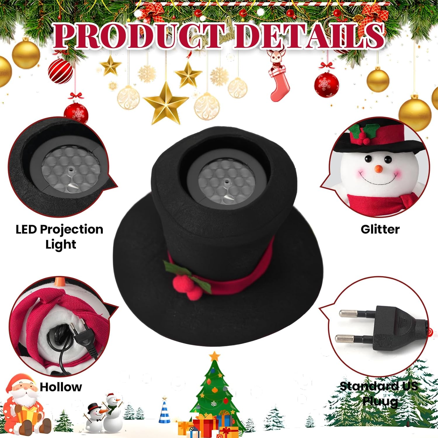 Lighted Christmas Tree Topper Christmas Snowman Tree Topper Projector 3D Led Snowman Hat With Rotating Snowflake Projection, Festive Holiday Decoration For Christmas Tree&Home Décor