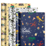 Dinosaur Wrapping Paper Rolls With Cutlines On Reverse - 3 Rolls Birthday Gift Wrap For Kids Boys Girls Dinosaur Party Birthday Gift Wrapping Holiday(17 Inches X 120 Inches)
