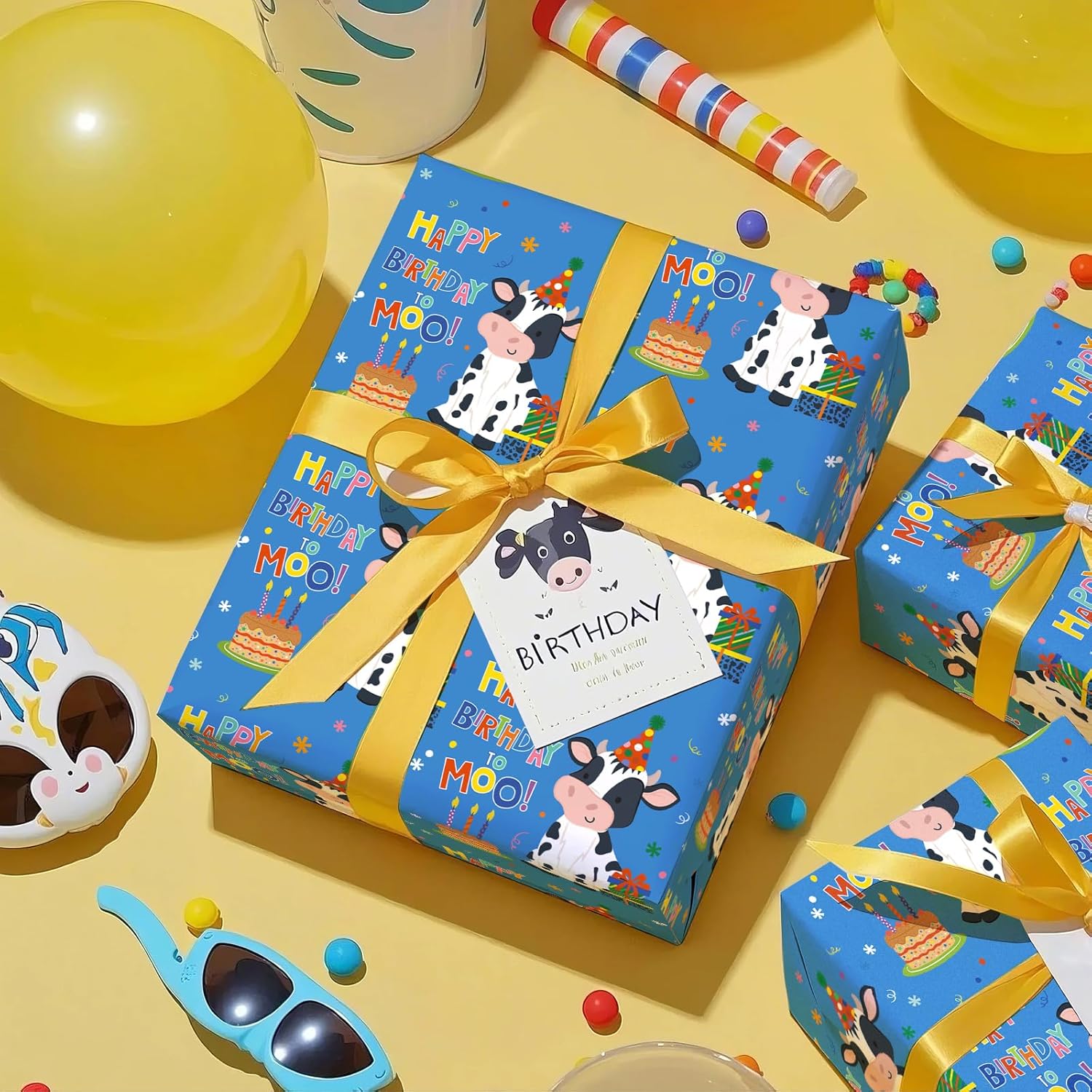 Cow Birthday Wrapping Paper Roll - Mini Roll - 17 Inch X 16.5 Feet - Cow Wrapping Paper With Cakes And Happy Birthday Moo Design Perfect For Girls Boy Kids, Baby Shower
