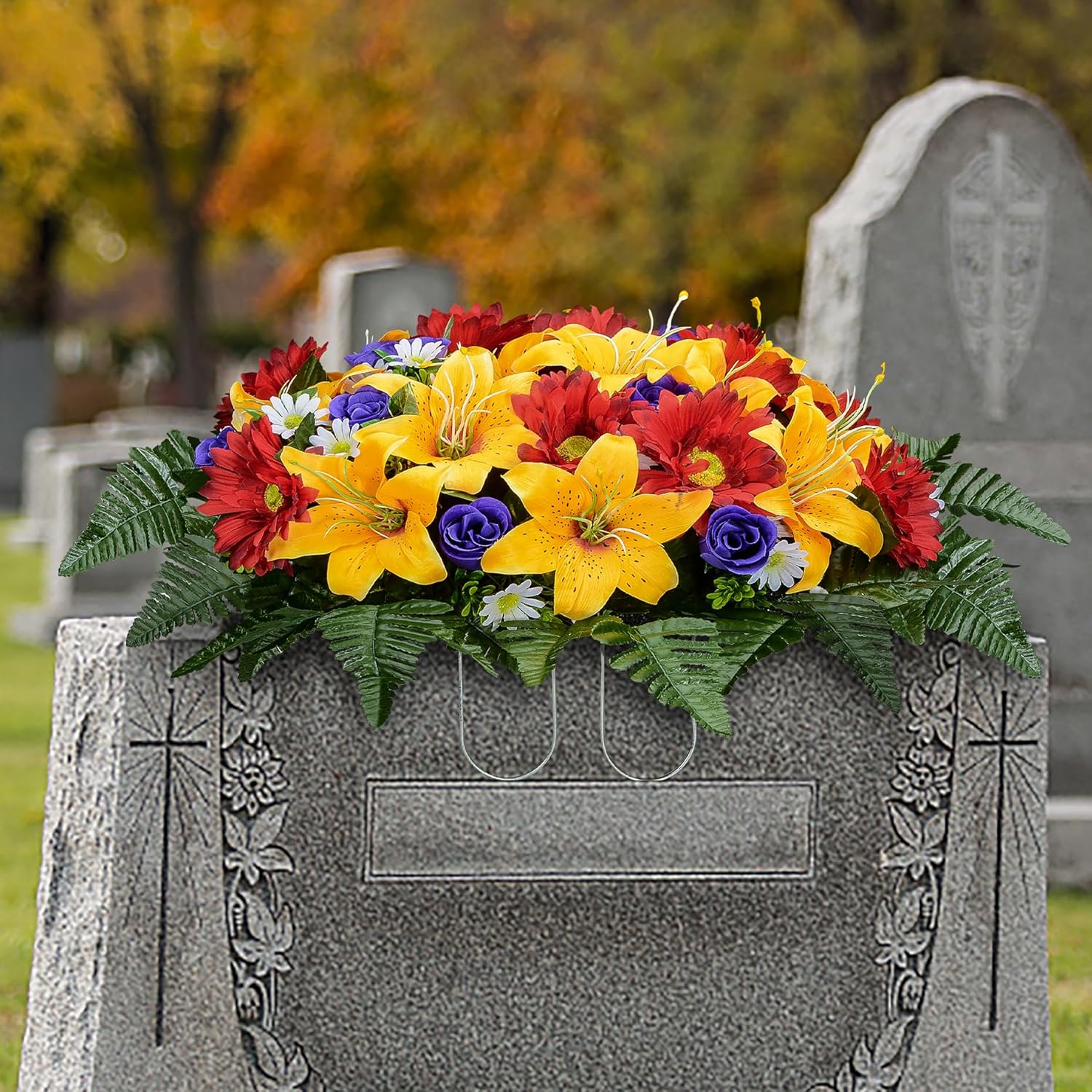 Artificial Cemetery Flower Saddles, Cemetery Memorial Flowers With Vase For Grave Tombstone Decorations, Lily Rose Gerbera Headstone Flowers Saddle (1 Saddle 2 Bouquets)