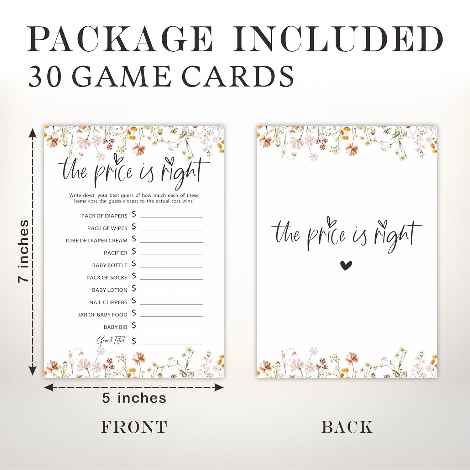 Floral Wild Flower Baby Shower Game - 30 Fill In Cards, Funny Gender Reveal Party Favor, Activity & Supplies - The Price Is Right Game Kit