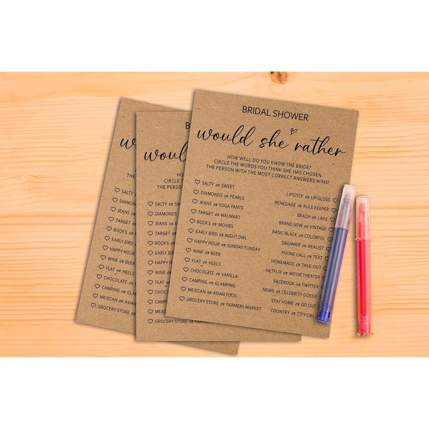 Rustic Kraft Wedding Games, Would She Rather Minimalist Bridal Shower Games, Engagement/Bachelorette Party Decorations, 5" X 7" Double-Sided Games Cards(25 Pack)-A03