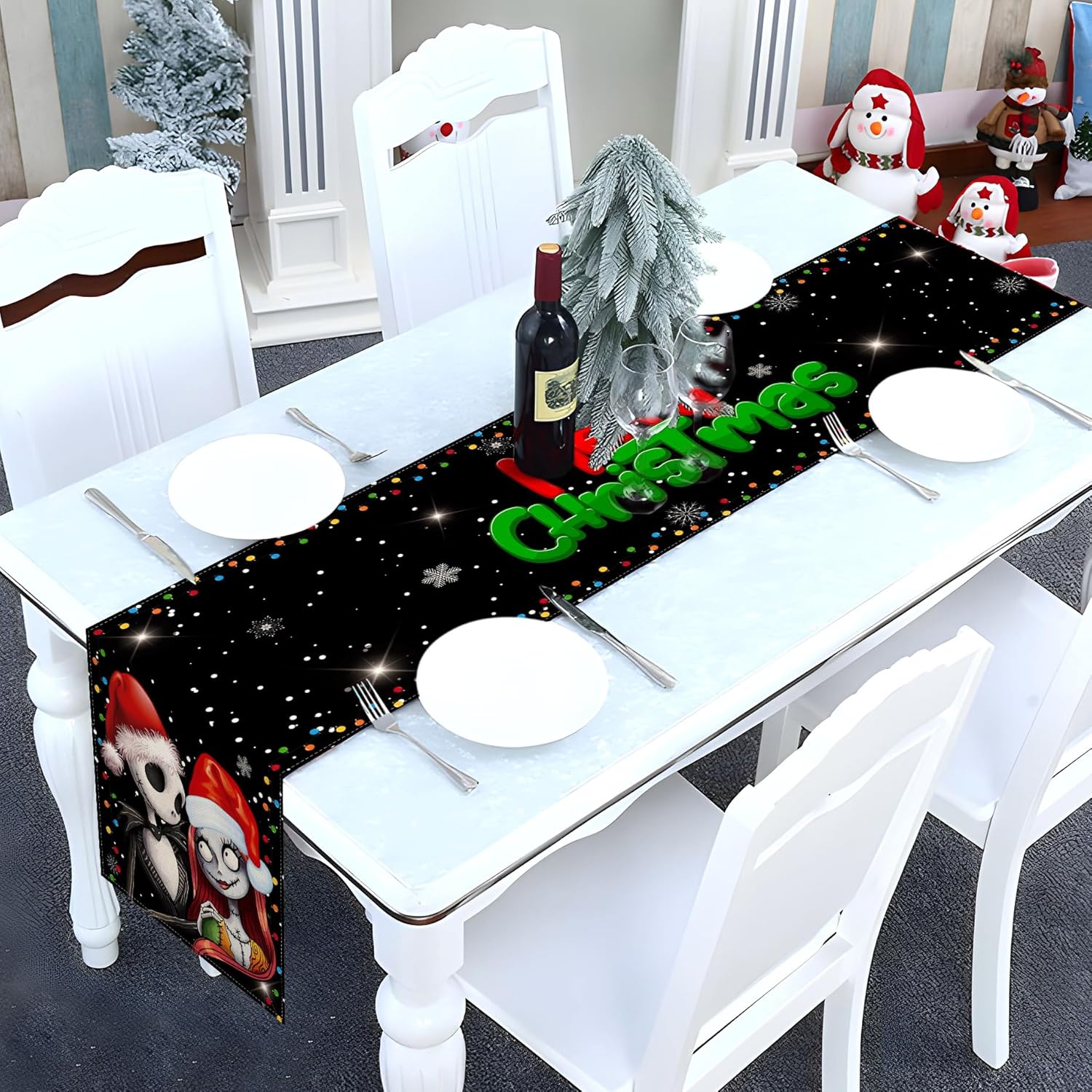 Merry Christmas Table Runner Jack Skellington And Sally Birthday Party Decoration Home Kitchen Dining Room Deocr (Black, 13" X 72")