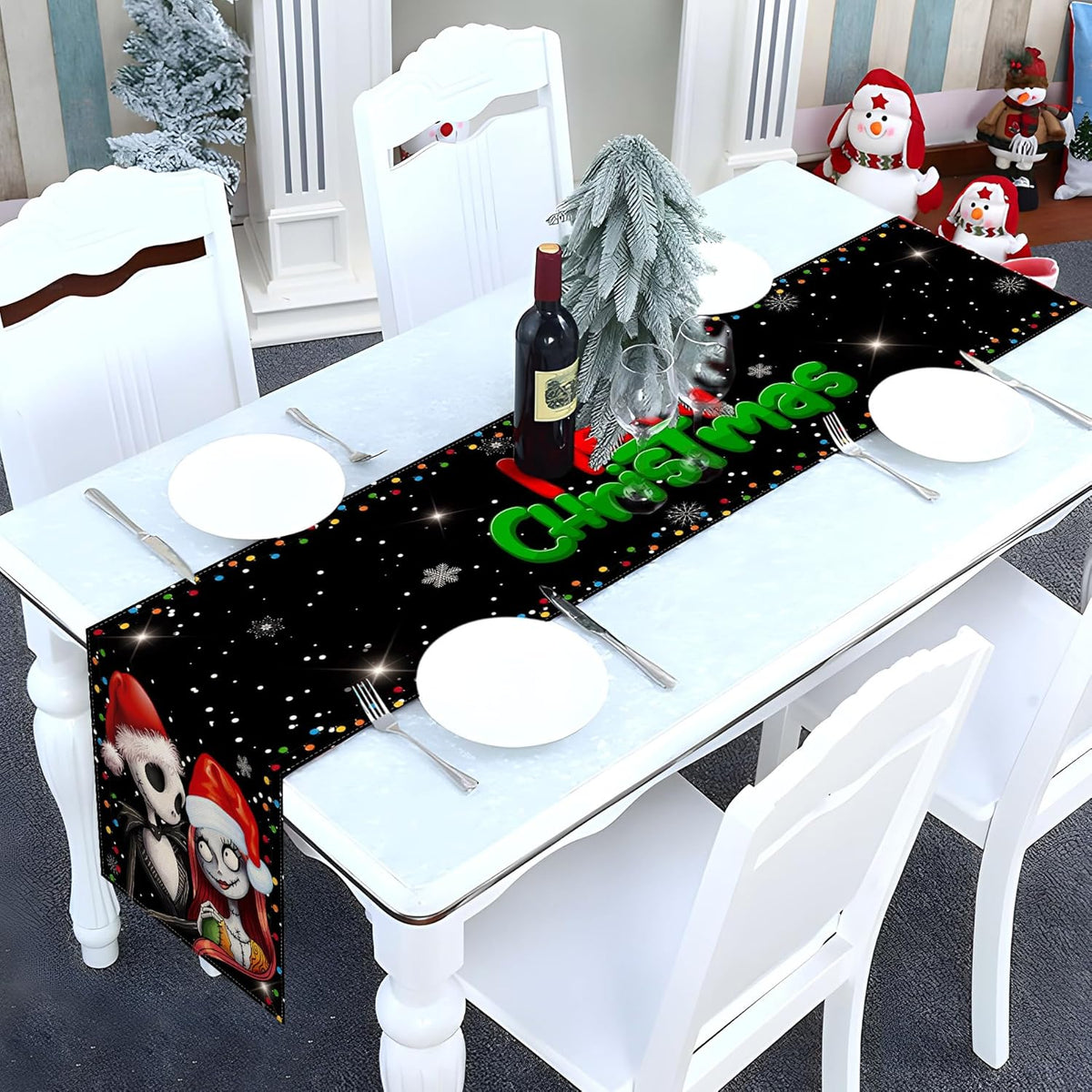 Merry Christmas Table Runner Jack Skellington And Sally Birthday Party Decoration Home Kitchen Dining Room Deocr (Black, 13" X 72")