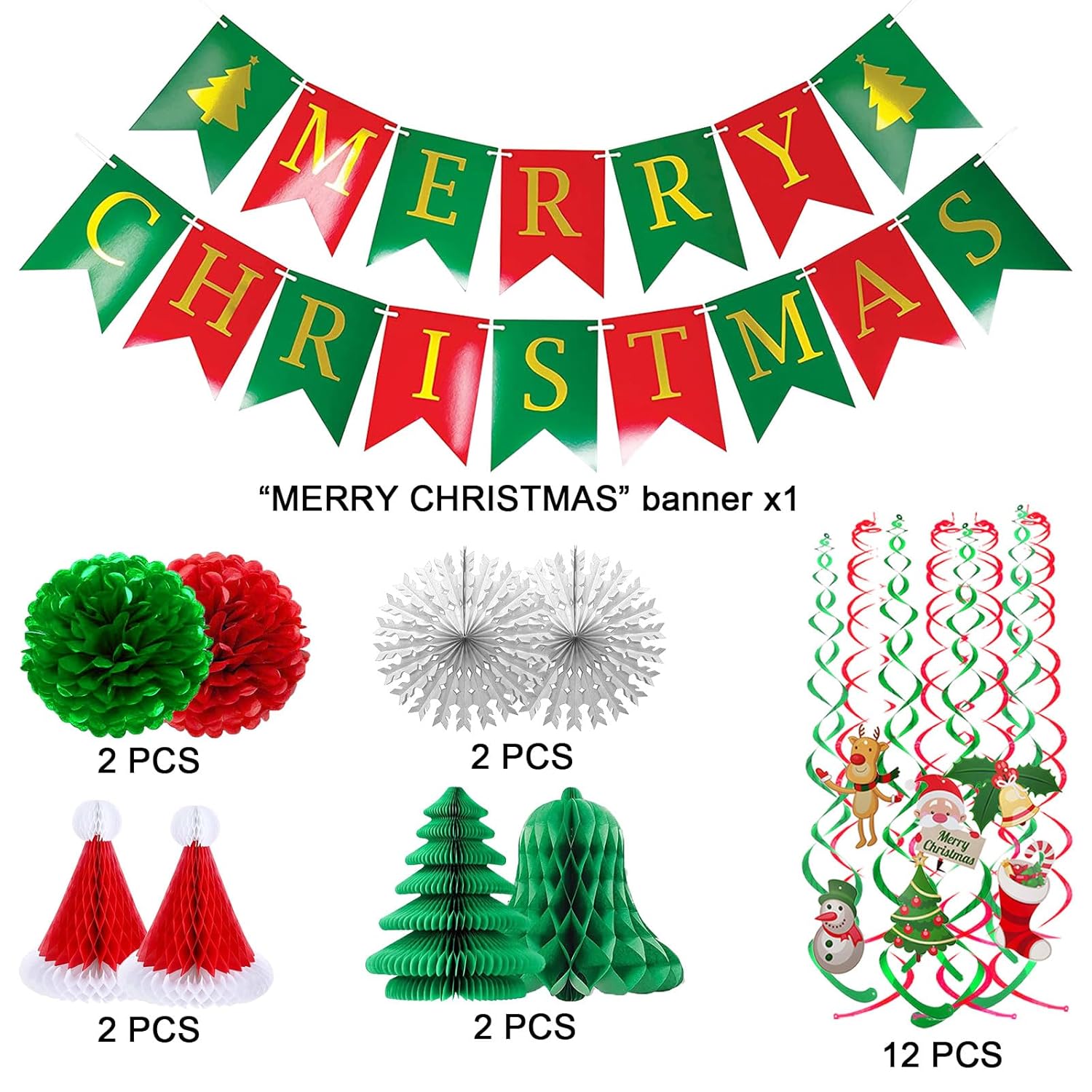 Merry Christmas Hanging Banner Pom Poms Paper Flower Fan Paper Christmas Tree Christmas Hat&Swirl Streamers For Merry Christmas Party Decorations