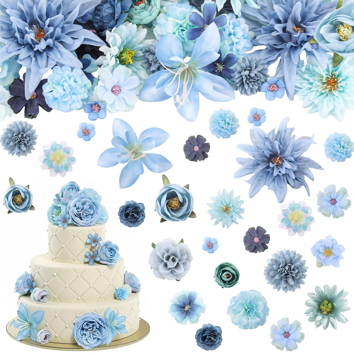 48 Pcs Blue Fake Flower Heads For Crafts Bulk Small Fake Flower Heads Silk Artificial Faux Rose Daisy Peony Decoration For Wedding Graduation Cap Cake Topper Baby Shower Home Party Decoration