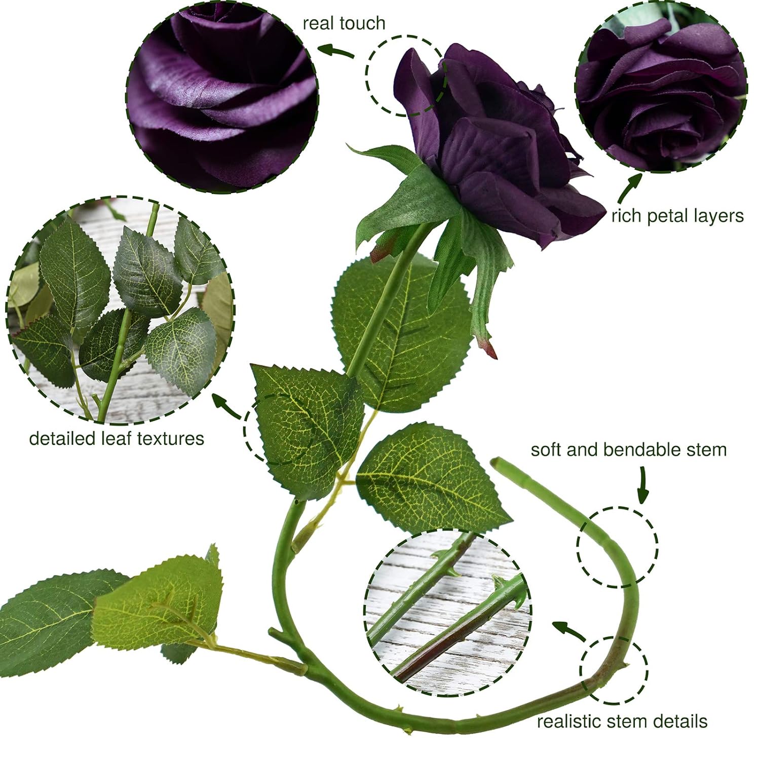 FiveSeasonStuff 12 Stems Artificial Flowers Real Touch Silk Roses for Wedding Decoration Bridal Bouquets Table Centerpieces Party Shower, Packed in Box (Mysterious Purple)