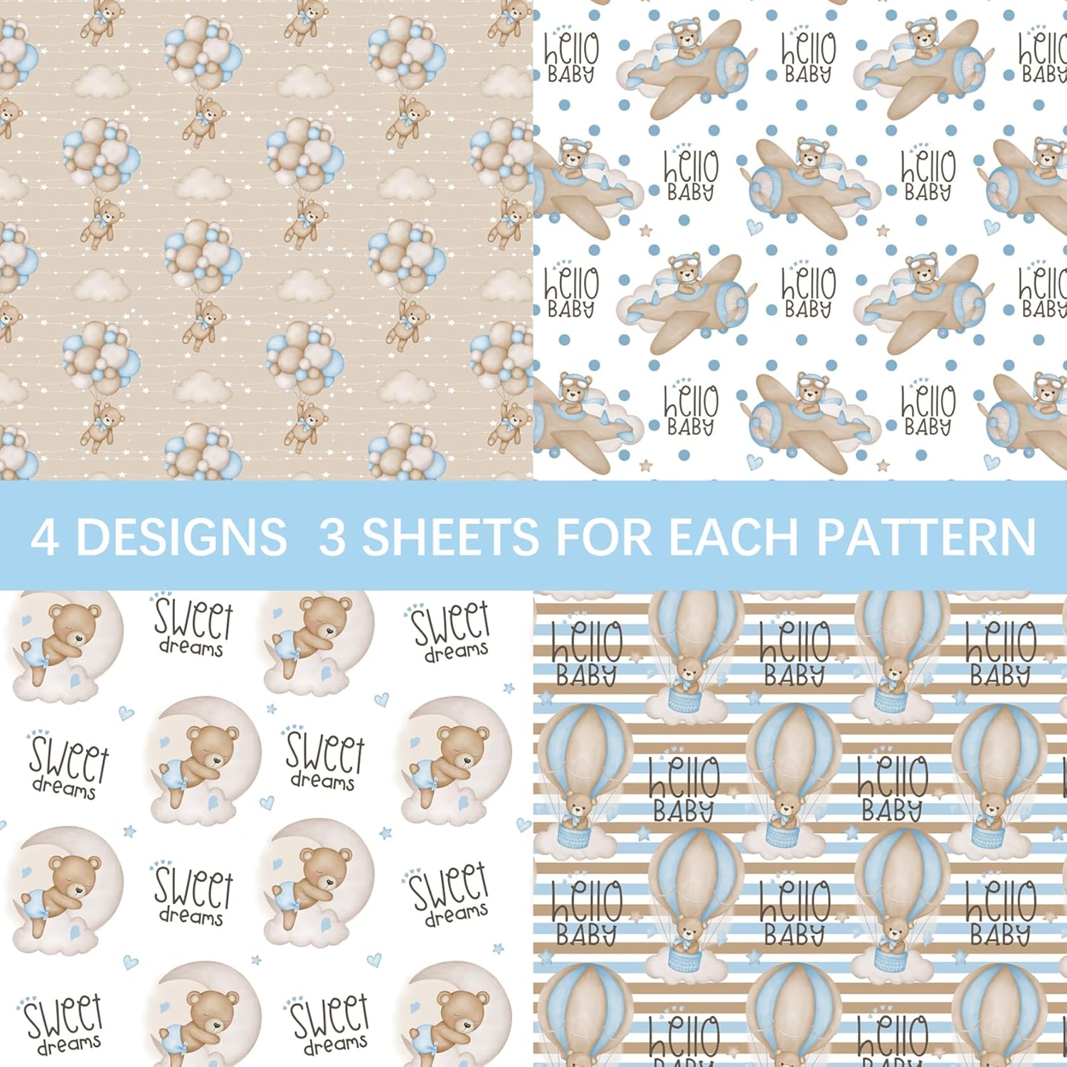 12 Sheets Teddy Bear Wrapping Paper For Baby Boy Infant - 19.7” X 27.6” Blue Bear Gift Wrap Paper In Moon Star Hot Air Balloon Patterns For Baby Shower, New Baby Birth, Baptism, Birthday Party