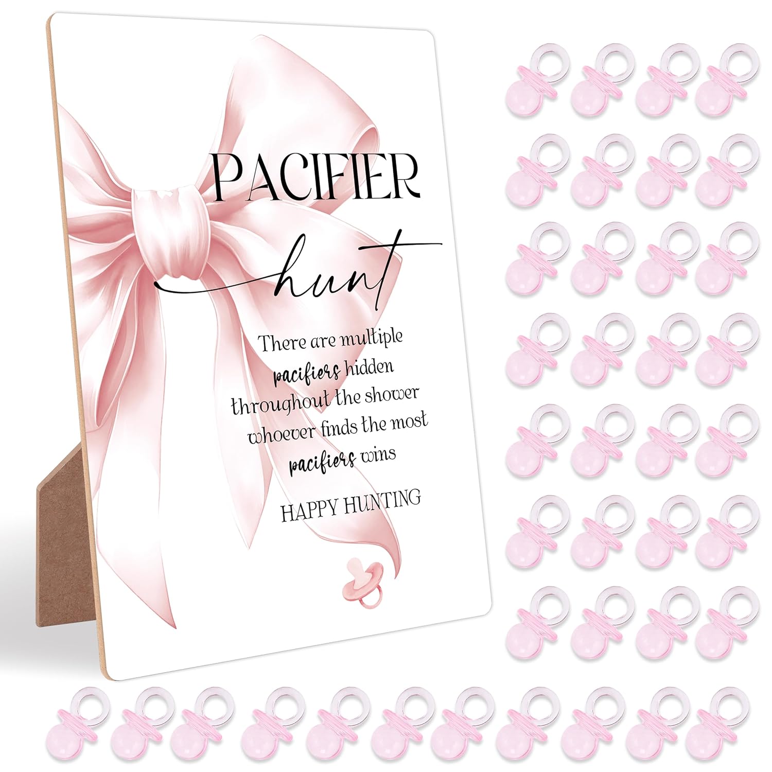 Pacifier Hunt Baby Shower Game, Pink Bow Wood Sign With Stand And 50 Mini Pacifiers, Baby Shower Game, Gender Reveal Games, Gender Reveal Neutral Decorations, Centerpiece Party Decorations,1