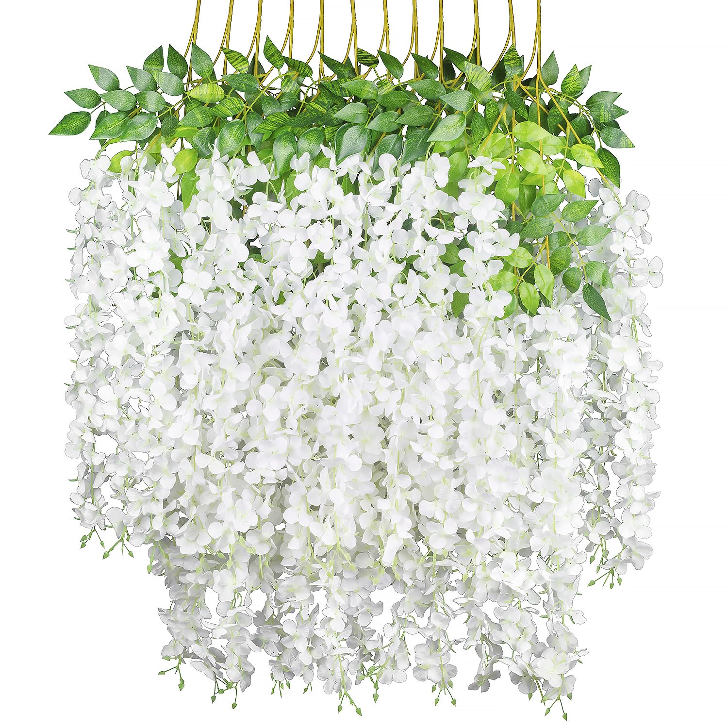(36 Branches 12 Pack /45 Inch /3.7Ft Wisteria Hanging Artificial Flowers Fake Bushy Silk Vine Garland String For Wedding Party Garden Greenery Home Wall Deco White